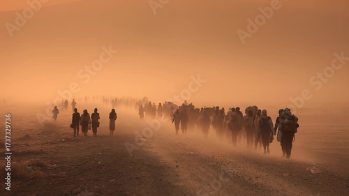 Migrant Caravan Walking Through Dust Storm: Refugees Seeking Asylum, Immigration, Global Crisis, Humanitarian Disaster, Displacement, and Hope
