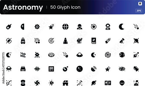 50 Atronomy Glyph Icons Set Universal Design Symbols Vector Collection Graphics Pack

