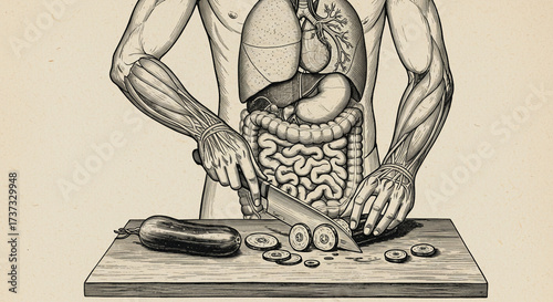 Anatomical view of human organs with hands preparing vegetables, illustrating the profound connection between diet, nutrition, and physiological health