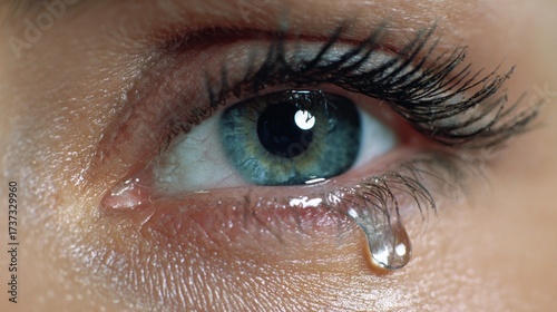 Close-up of a blue eye with tear. Skin shows emotion. Macro tear