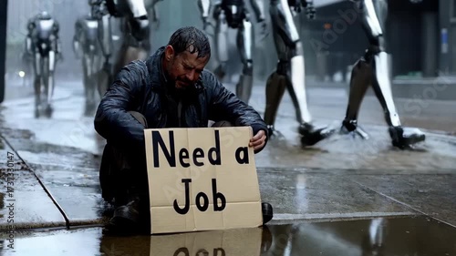 Unemployed man with a sign in the rain 4k video