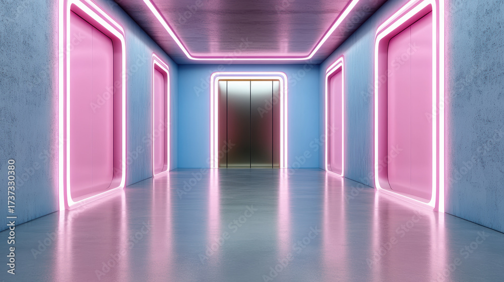 Fototapeta premium Futuristic hallway with glowing neon lights and sleek elevator. vibrant colors create modern