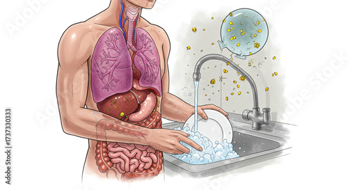 Wallpaper Mural Health risks from domestic chemical exposure illustrated. Airborne toxins and skin contact during dishwashing impacting human internal organs and well-being Torontodigital.ca