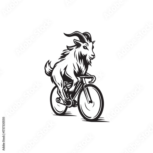 Black and White Goat Riding a Bike Illustration in Simple Vector Line Art Minimalist Style Design