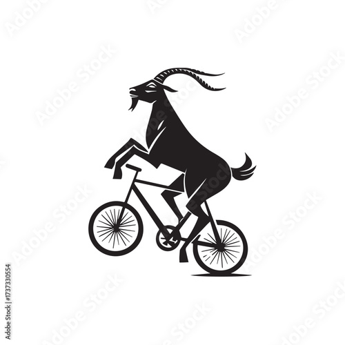 Black and White Goat Riding a Bike Illustration in Simple Vector Line Art Minimalist Style Design