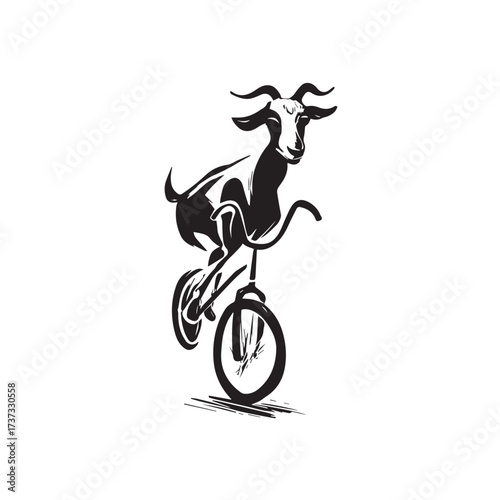 Black and White Goat Riding a Bike Illustration in Simple Vector Line Art Minimalist Style Design