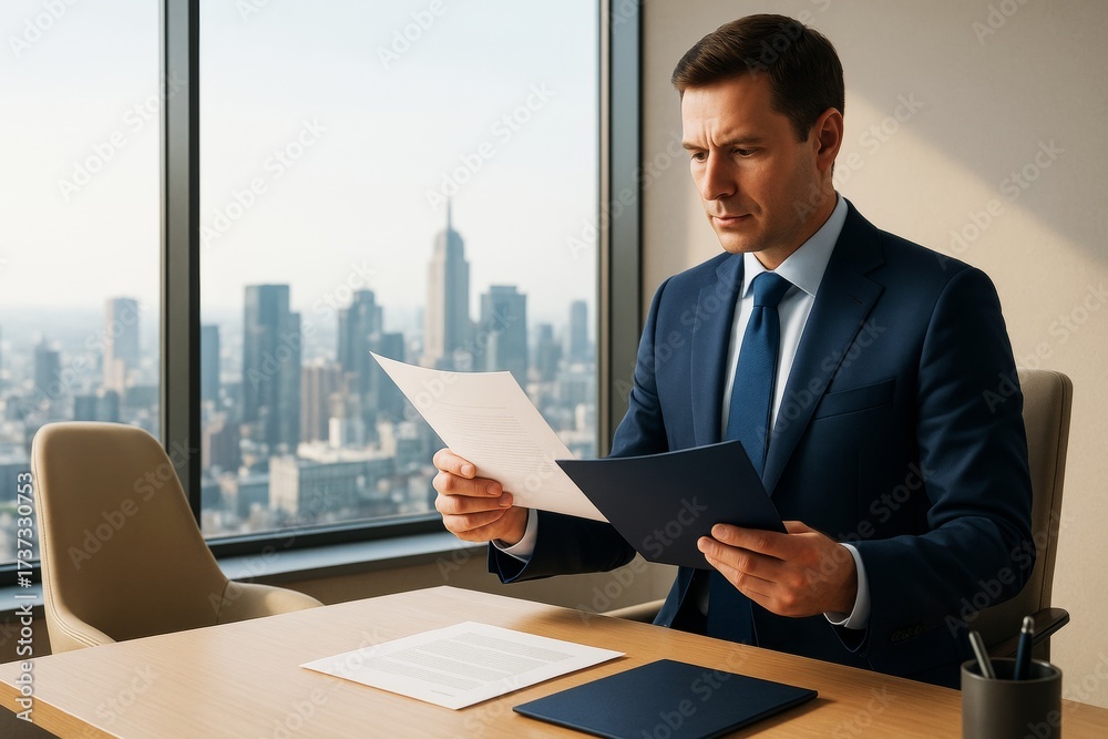 Fototapeta premium Business professional reading documents at office desk with cityscape background and soft light atmosphere, showcasing a modern corporate workspace.