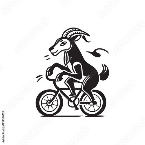 Black and White Goat Riding a Bike Illustration in Simple Vector Line Art Minimalist Style Design