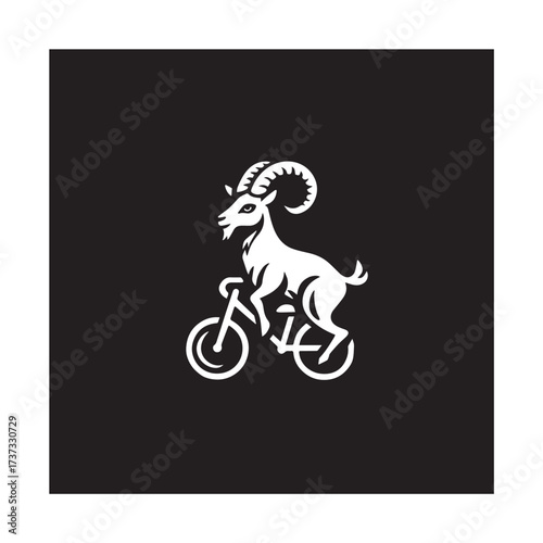 Black and White Goat Riding a Bike Illustration in Simple Vector Line Art Minimalist Style Design