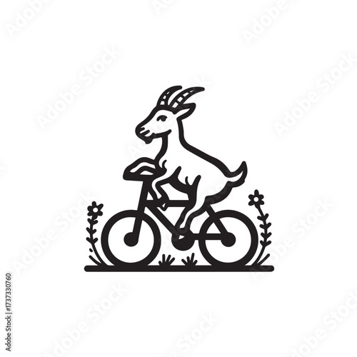 Black and White Goat Riding a Bike Illustration in Simple Vector Line Art Minimalist Style Design