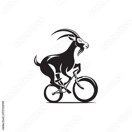 Black and White Goat Riding a Bike Illustration in Simple Vector Line Art Minimalist Style Design