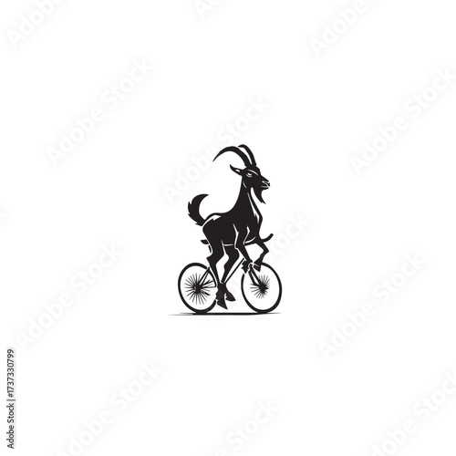 Black and White Goat Riding a Bike Illustration in Simple Vector Line Art Minimalist Style Design