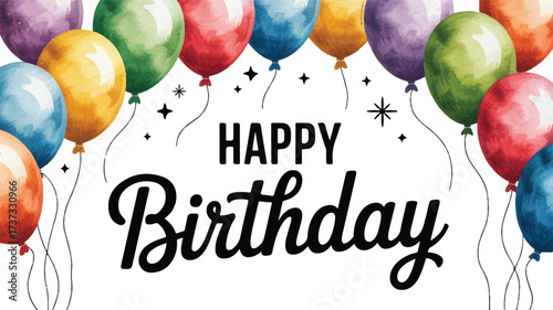 A watercolor-style birthday greeting card design with colorful balloons arranged in a border across the top.  