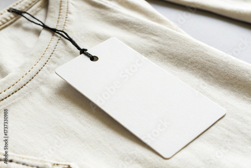 Blank White Rectangular Price Tag Mockup with Black String on Beige Cotton Fabric