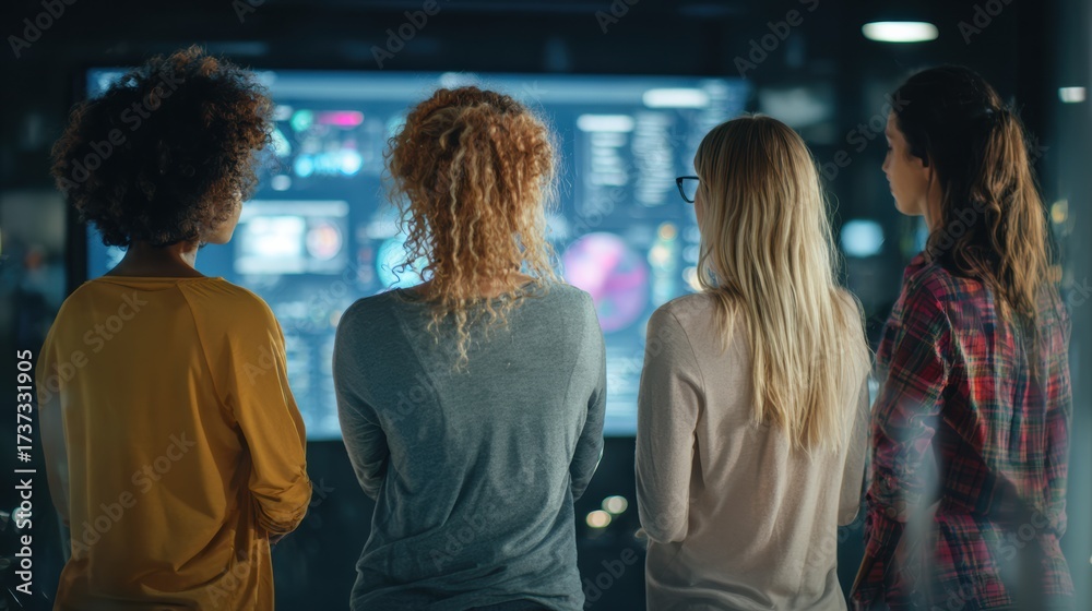 Obraz premium Four women analyze digital data on a large screen, showcasing teamwork and innovation in a modern workspace.