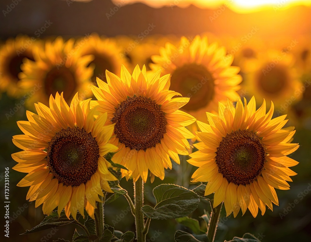 Fototapeta premium Sunflowers in field, lit by warm, golden sunset light