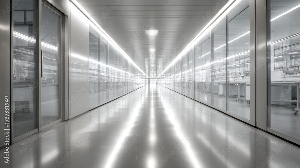 Fototapeta premium Futuristic corridor with reflective floor and sleek glass walls, creating an impression of depth and modern design.