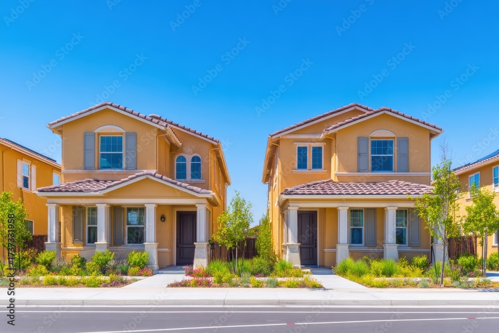 Fototapeta premium Two modern suburban houses with well-maintained gardens on a sunny day, showcasing vibrant landscaping