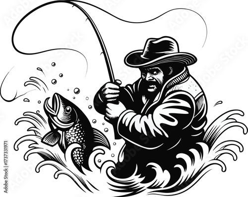 Fishing Adventure: Captivating illustration of a fisherman, engrossed in the pursuit, as a fish leaps from the water, displaying the thrill of the sport.