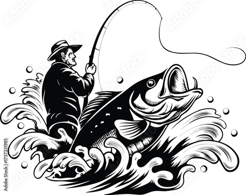 Catch of the Day: An illustration captures the moment of triumph as a determined angler battles a mighty fish, the rod bent in a dramatic arc, the water swirling with energy.