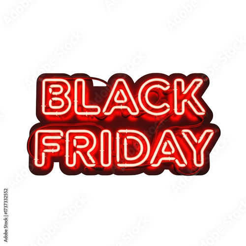 Red neon black friday sign glows against black backdrop on transparent background