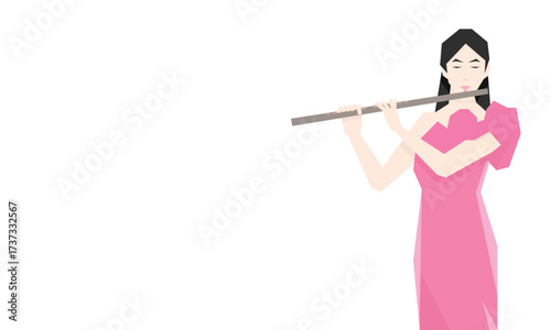 Isometric Woman plays the flute. Flute woodwind orchestral instrument. Flat Background.