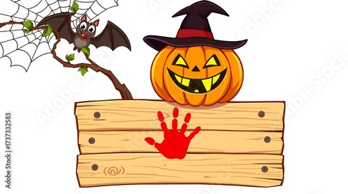 Spooky halloween pumpkin with witch hat and bat on a wooden sign