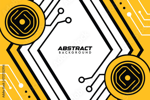 Vibrant abstract geometric background with circular elements and circuit board patterns in yellow and black creating a futuristic and technological feel