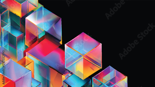 A vibrant abstract composition of translucent geometric shapes with colorful gradients, creating a modern and dynamic visual effect
