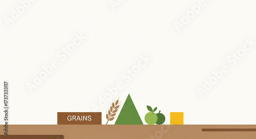 Healthy food pyramid with grains, fruits, and vegetables.