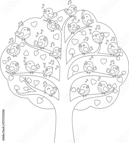 Adorable birds sing joyfully in a charming tree, a delightful black and white cartoon illustration perfect for coloring books and children's activities.