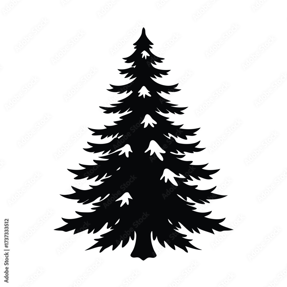 Obraz premium Tall Pine Tree Covered in Snow Vector Silhouette