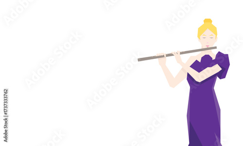 Isometric Woman plays the flute. Flute woodwind orchestral instrument. Flat Background.
