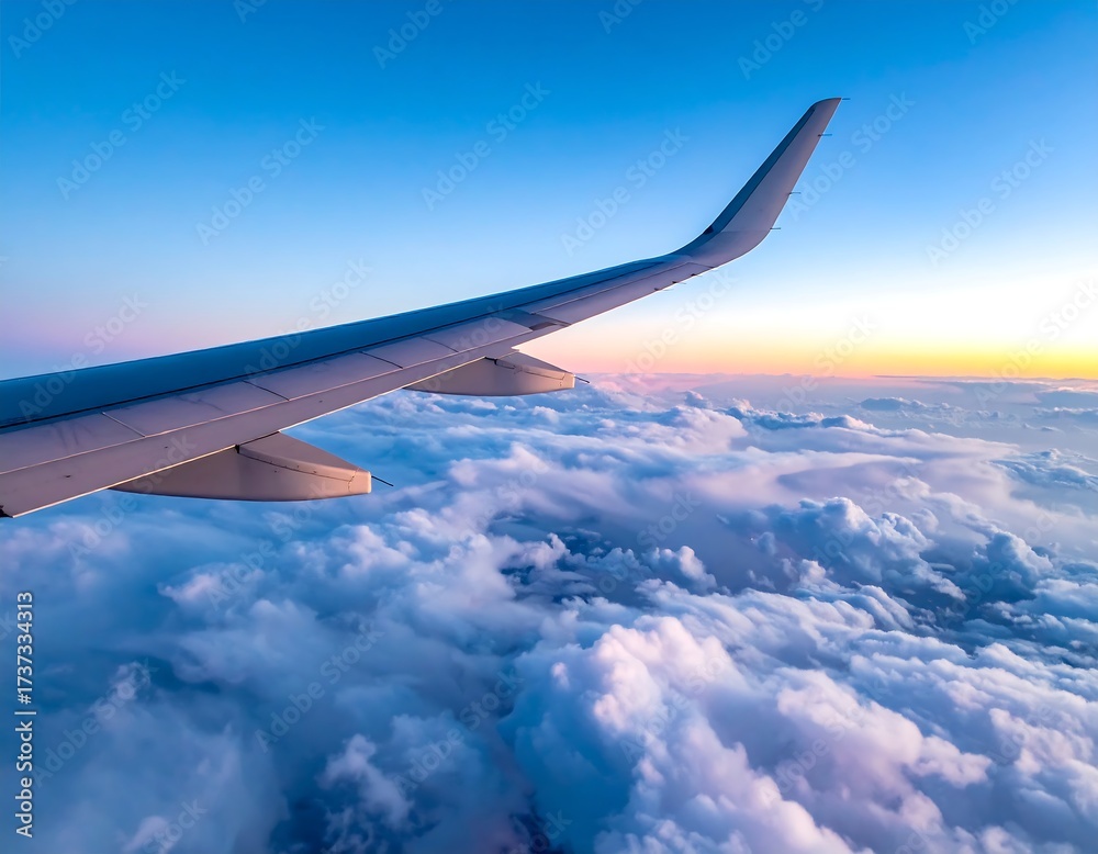 Obraz premium Airplane wing over clouds at sunset (1)