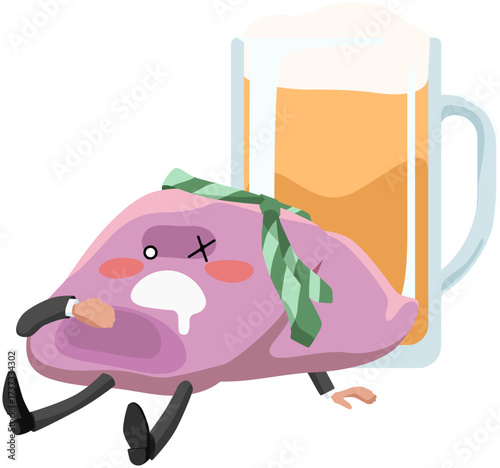 飲みすぎでダウンした肝臓のキャラクターイラスト アルコールと健康啓発