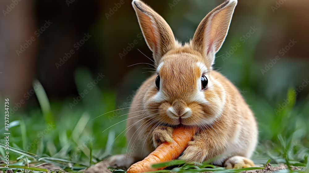 Fototapeta premium Cute rabbit eating carrot in garden, natural daylight, joyful expression