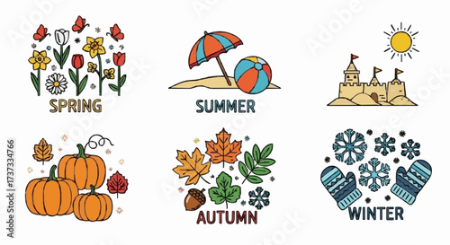 Seasonal Icons Representing Spring, Summer, Autumn, and Winter