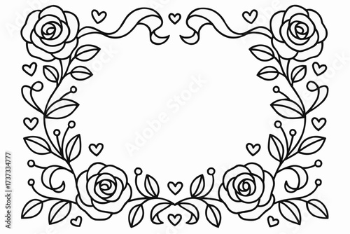 Coloring book for kids - Floral frame with roses and hearts in outlined style  