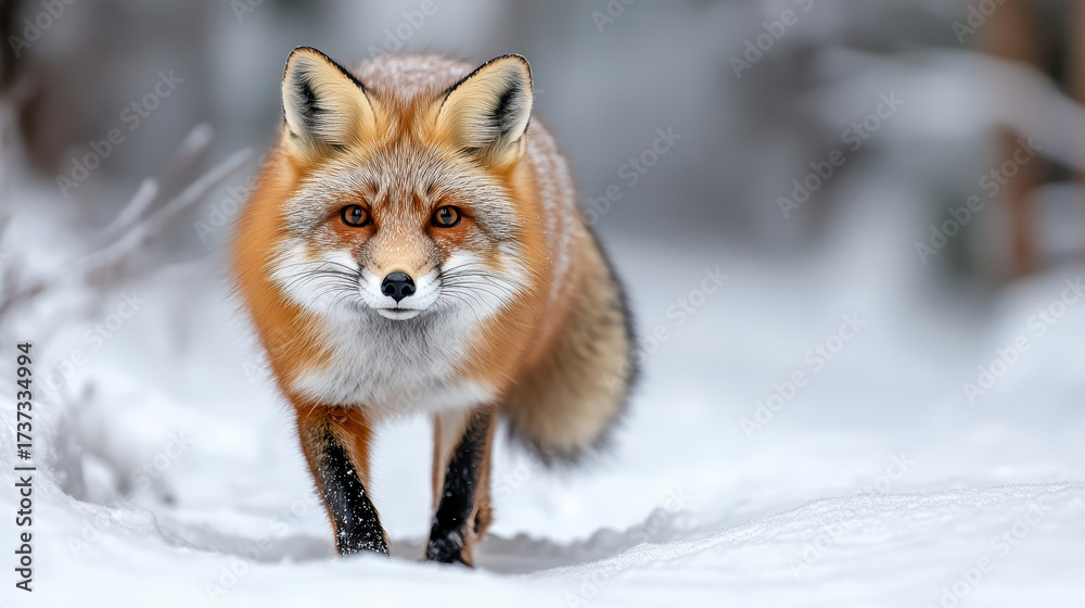Obraz premium Fox walking through snowy forest, showcasing its warm fur against cold environment
