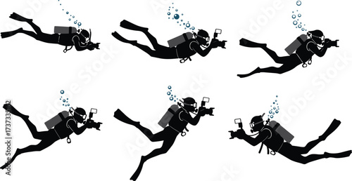 Scuba diver silhouettes, underwater photography, marine exploration, scuba bubbles, ocean