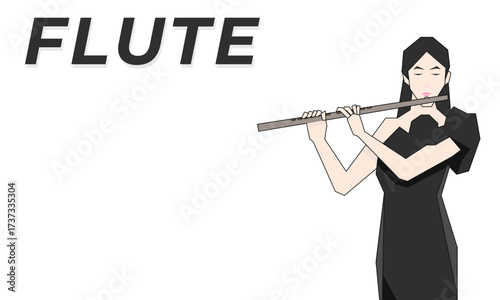 Isometric Woman plays the flute. Flute woodwind orchestral instrument. Flat Background.
