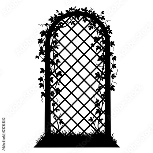 Silhouette archway garden trellis with climbing vines and grass detailed outdoor structure silhouette flat design vector illustration white background