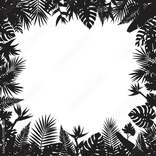 Tropical leaves border template square black silhouette exotic botanical design element silhouette flat design vector illustration white background