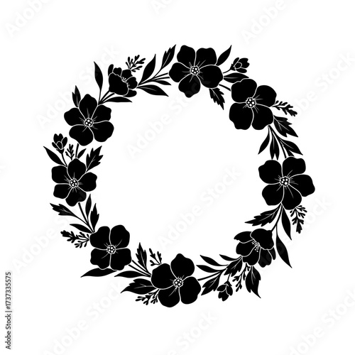 Elegant black floral wreath design circular arrangement beautiful bloom border decorative element silhouette flat design vector illustration white background