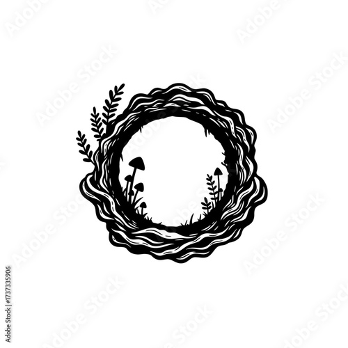 Whimsical wreath with delicate foliage and silhouettes of fungi for organic designs silhouette flat design vector illustration white background