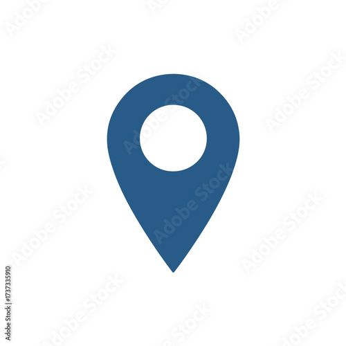 Solid dark blue map pointer or location pin icon, symbolizing GPS navigation, address, destination, travel, and geotagging in a simple vector design.