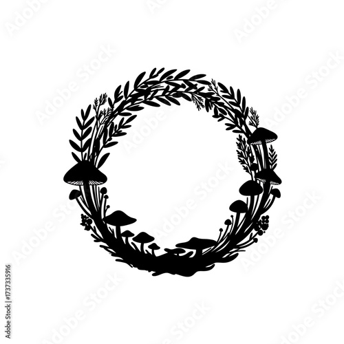 Mystical woodland wreath of silhouetted leaves and mushrooms for enchanting designs silhouette flat design vector illustration white background
