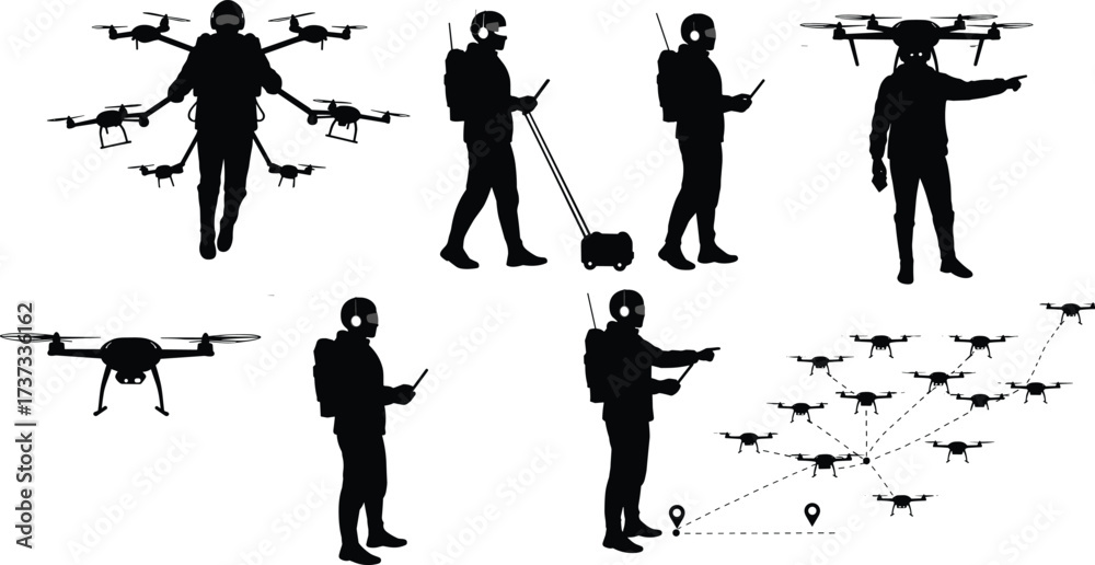 Obraz premium one swarm silhouettes, remote control operator, UAV technology, drone fleet coordination,