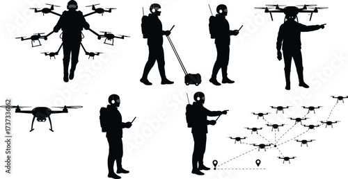 one swarm silhouettes, remote control operator, UAV technology, drone fleet coordination,