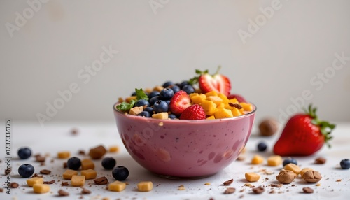 a bowl of berry smoothie sits atop a counter, topped with granola and nuts, with strawberries scattered around it.